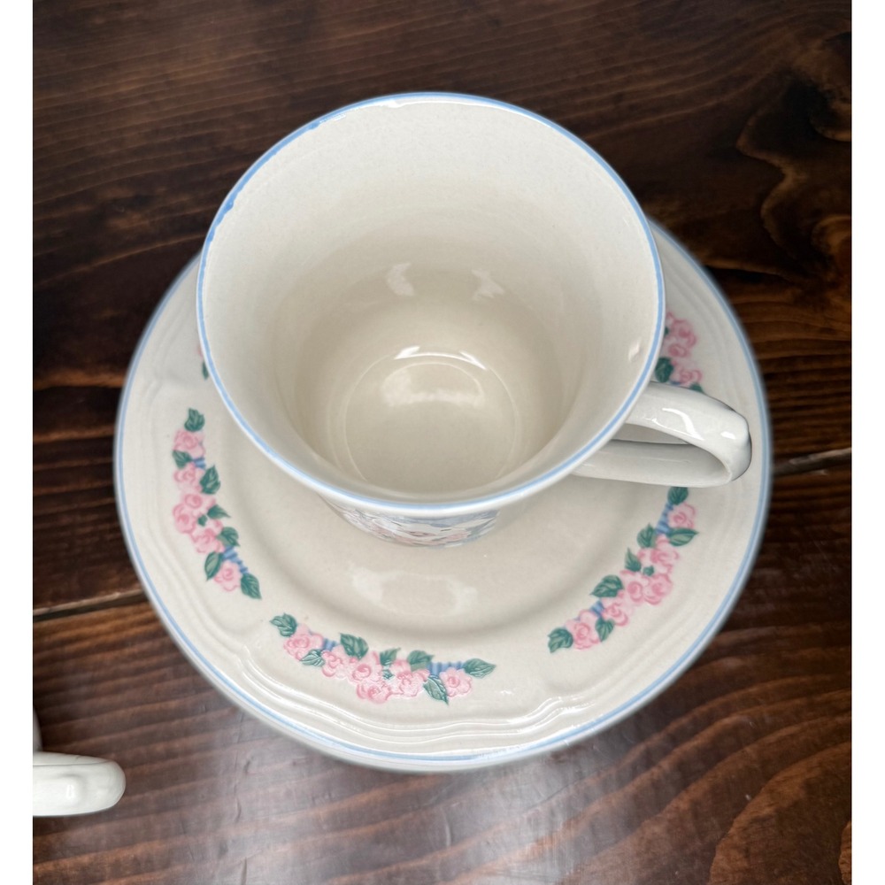 VTG Tienshan Stoneware Pig Pal Tea Set 4 Mugs 4 Saucers Country Farmhouse - Picture 5 of 14